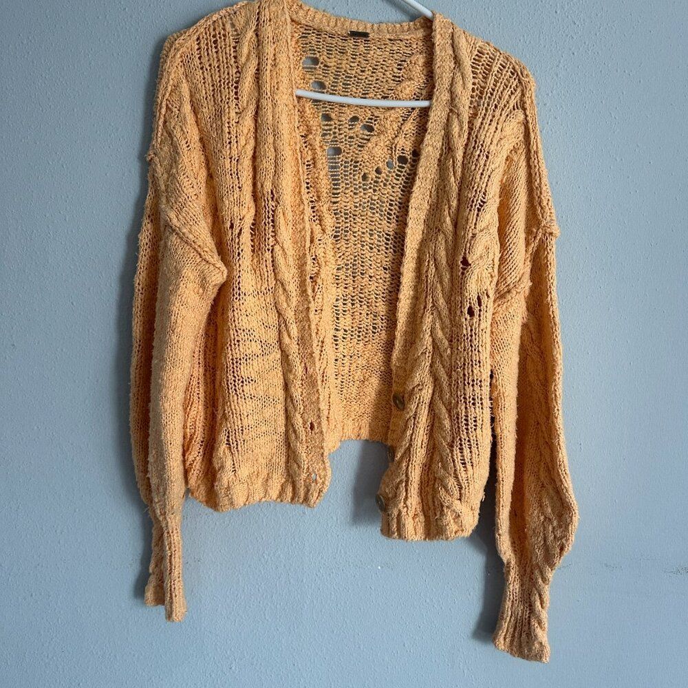 Free People Luxury Cable Knit Cardigan Peach Boho Button Sweater Small - Picture 2 of 7